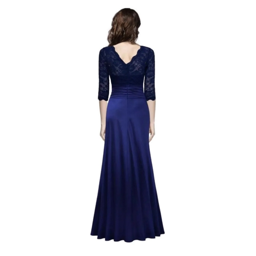 NWT Miusol Womens Lace Bodice Satin Ruched Mermaid Evening Dress Navy Blue Large - Picture 2 of 12